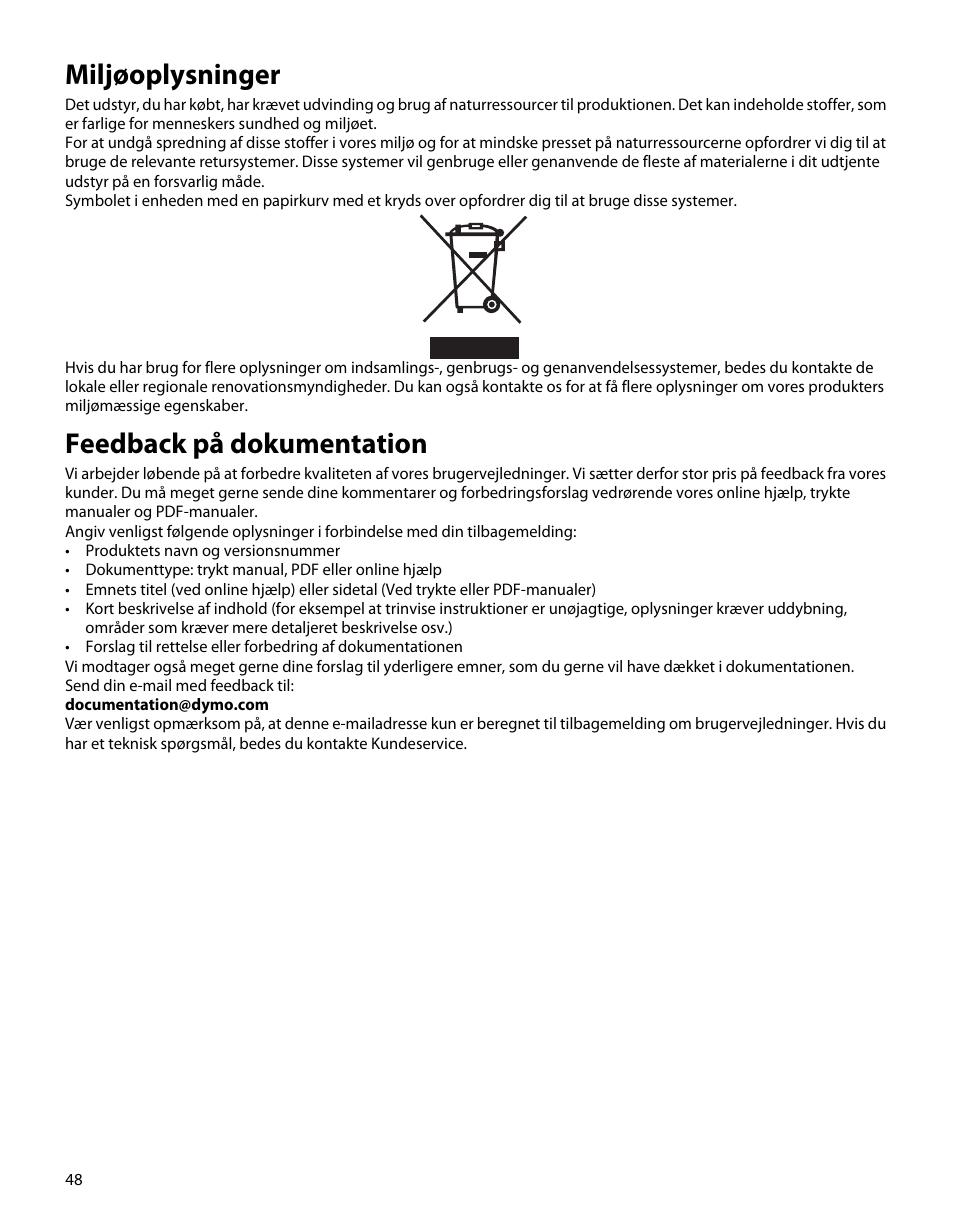 Miljøoplysninger, Feedback på dokumentation | Dymo M5 User Manual | Page 52 / 102