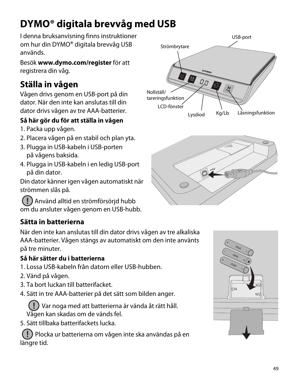 Dymo® digitala brevvåg med usb, Ställa in vågen, Sätta in batterierna | Dymo M5 User Manual | Page 53 / 102