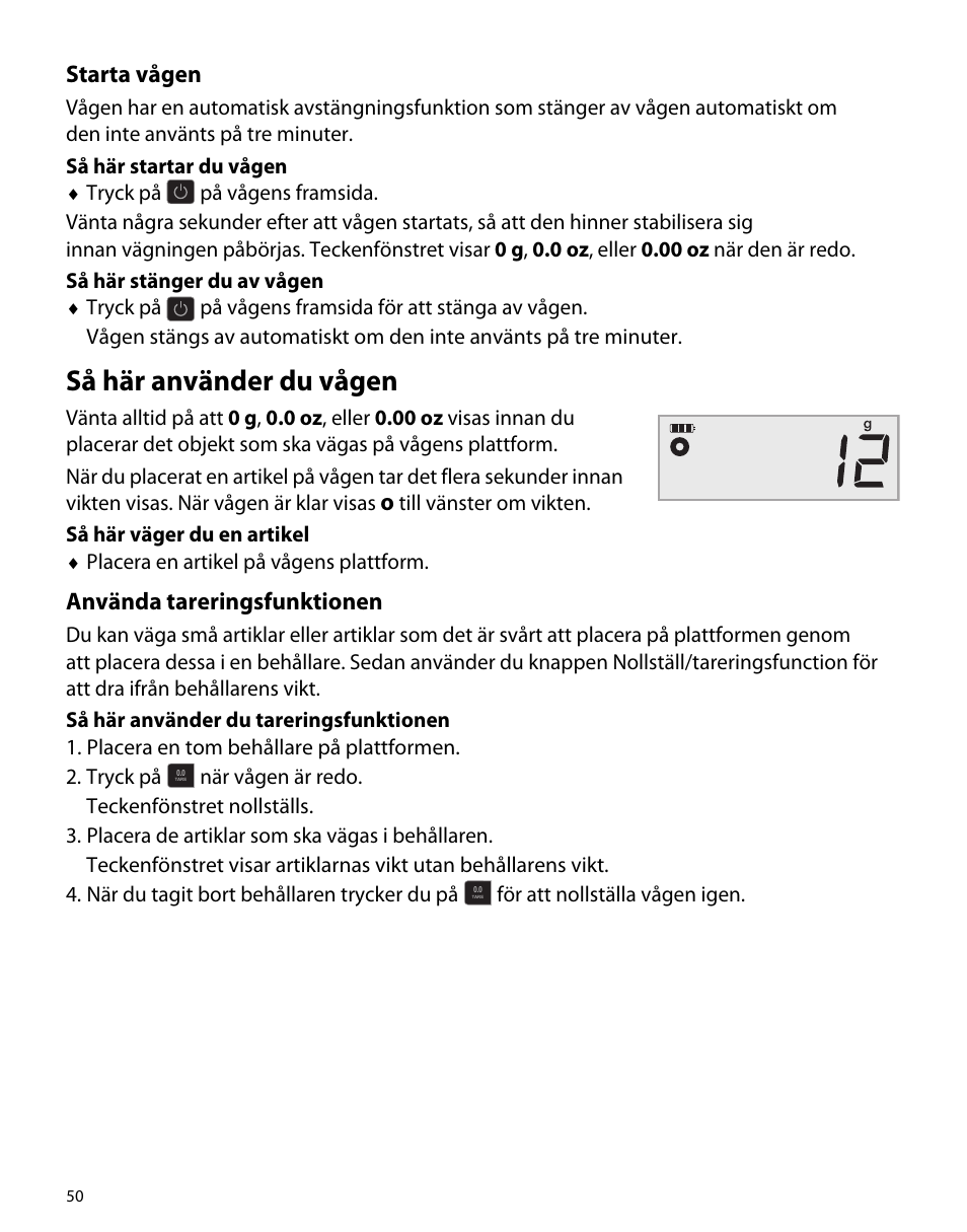 Starta vågen, Så här använder du vågen, Använda tareringsfunktionen | Dymo M5 User Manual | Page 54 / 102