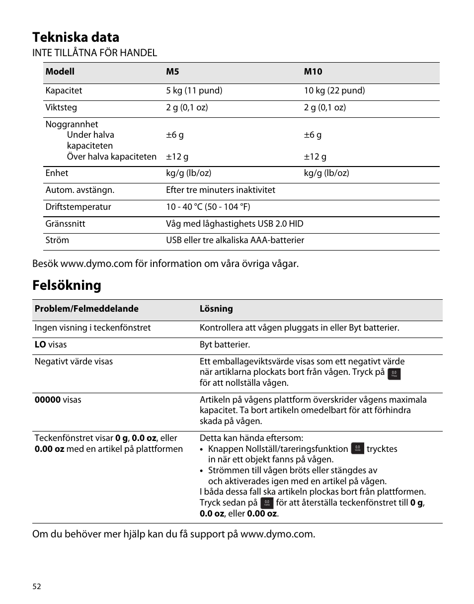 Tekniska data, Felsökning | Dymo M5 User Manual | Page 56 / 102