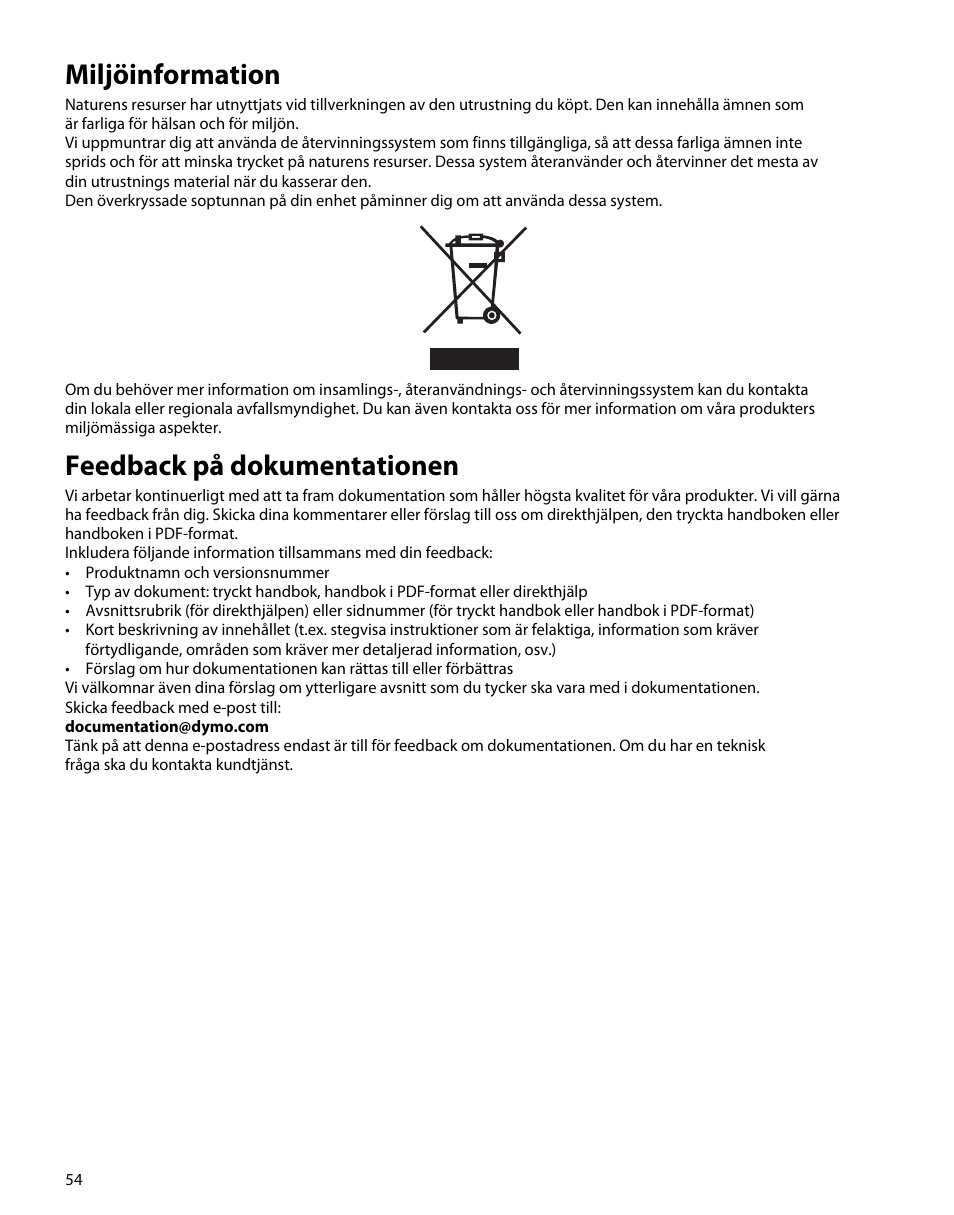 Miljöinformation, Feedback på dokumentationen | Dymo M5 User Manual | Page 58 / 102