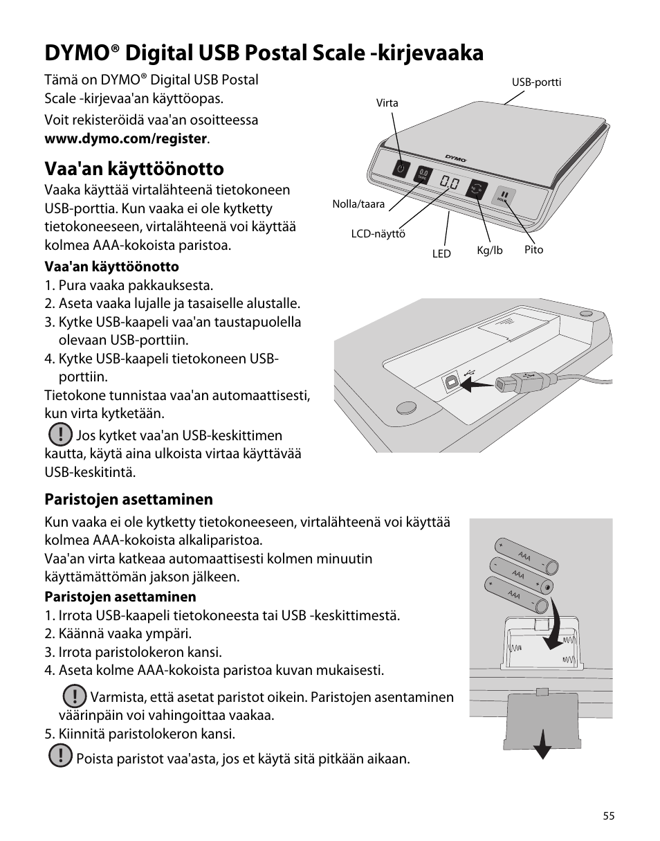 Dymo® digital usb postal scale -kirjevaaka, Vaa'an käyttöönotto, Paristojen asettaminen | Dymo M5 User Manual | Page 59 / 102