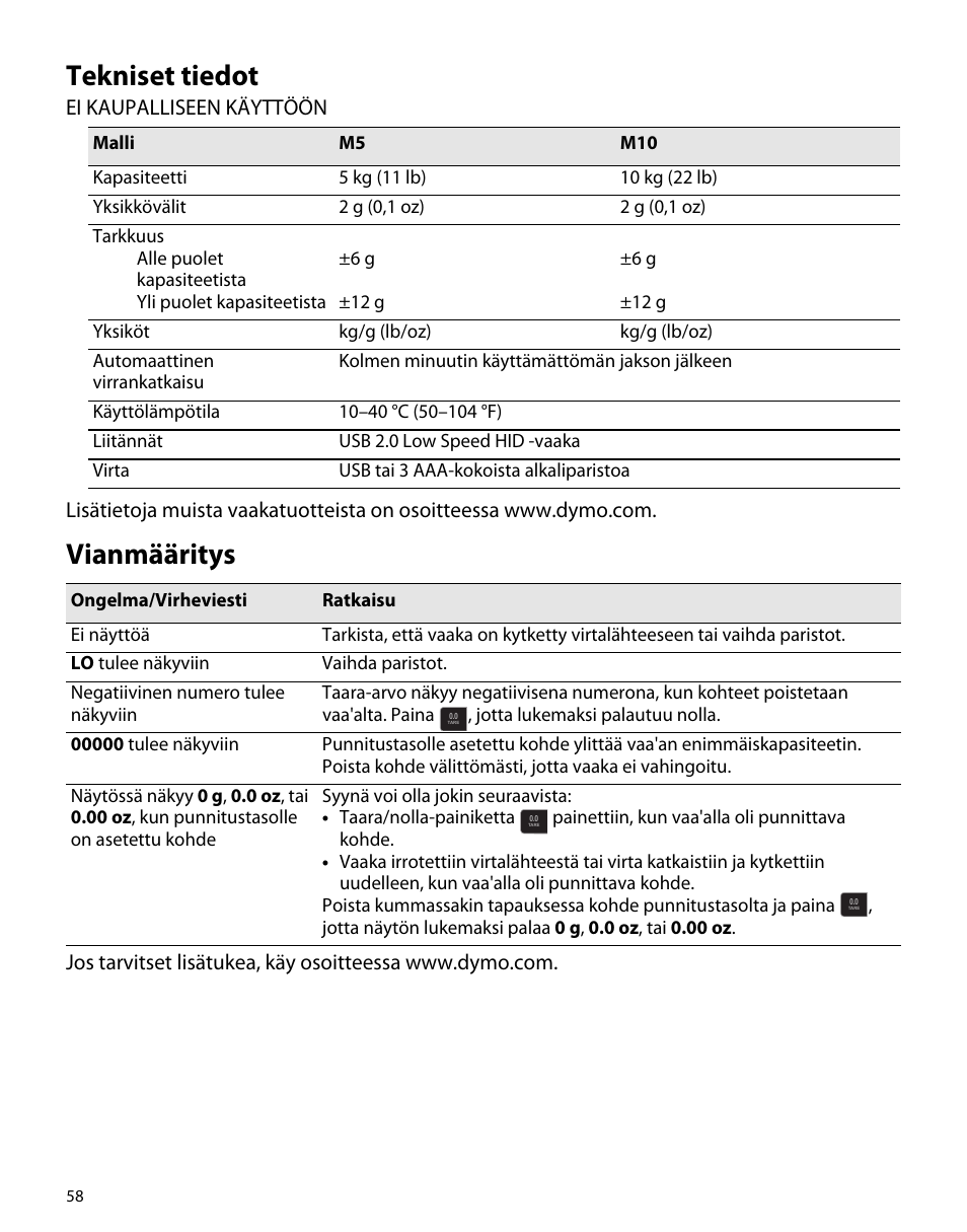 Tekniset tiedot, Vianmääritys | Dymo M5 User Manual | Page 62 / 102