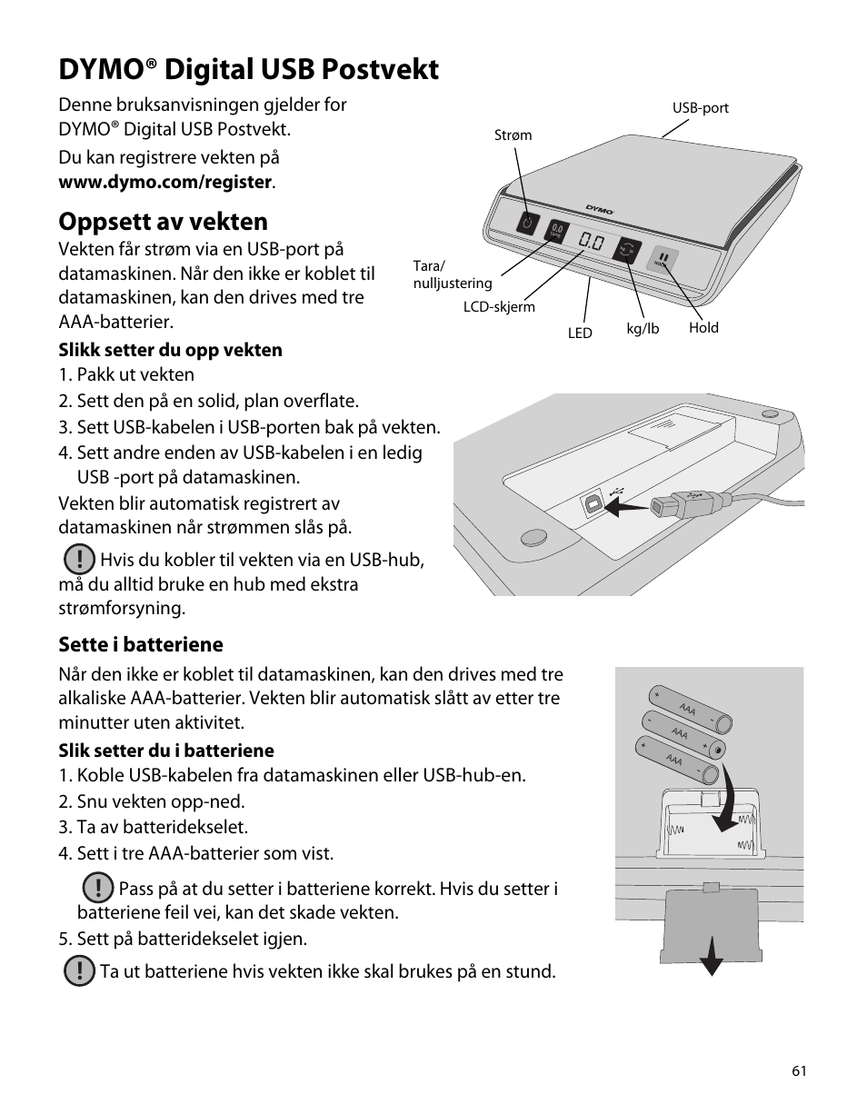 Dymo® digital usb postvekt, Oppsett av vekten, Sette i batteriene | Dymo M5 User Manual | Page 65 / 102