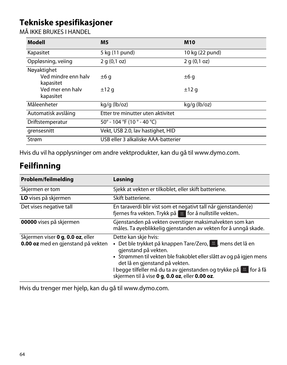 Tekniske spesifikasjoner, Feilfinning | Dymo M5 User Manual | Page 68 / 102