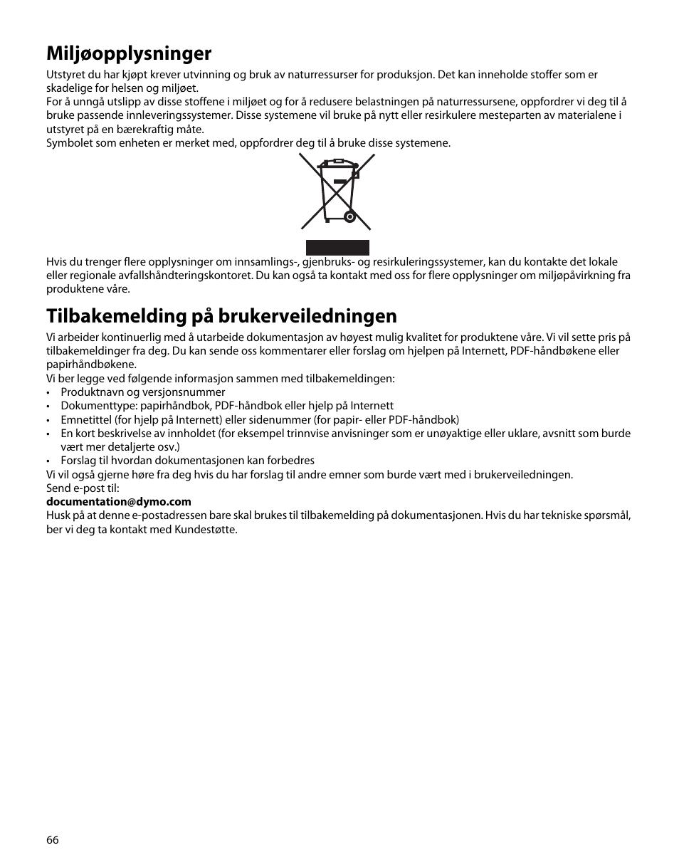 Miljøopplysninger, Tilbakemelding på brukerveiledningen | Dymo M5 User Manual | Page 70 / 102