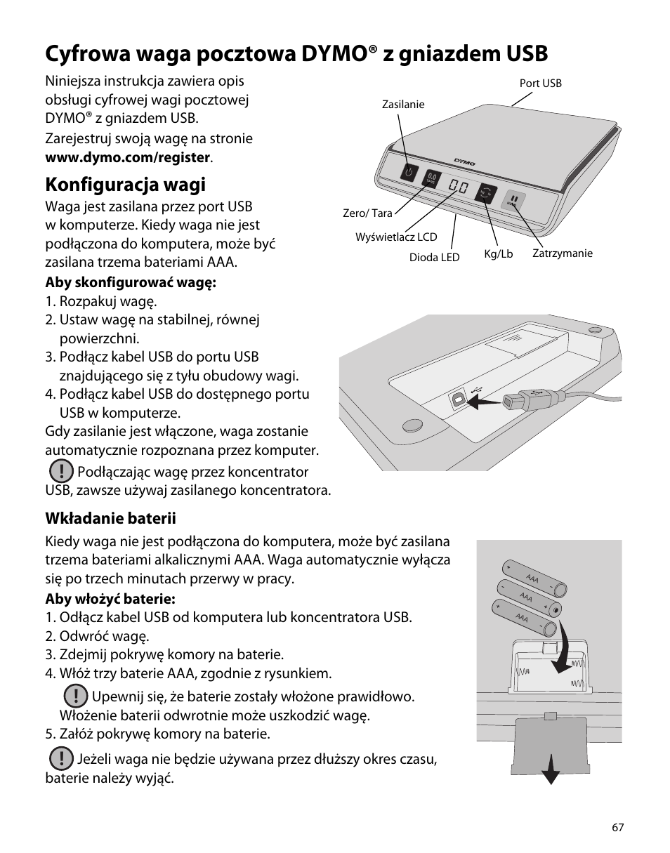 Cyfrowa waga pocztowa dymo® z gniazdem usb, Konfiguracja wagi, Wkładanie baterii | Dymo M5 User Manual | Page 71 / 102