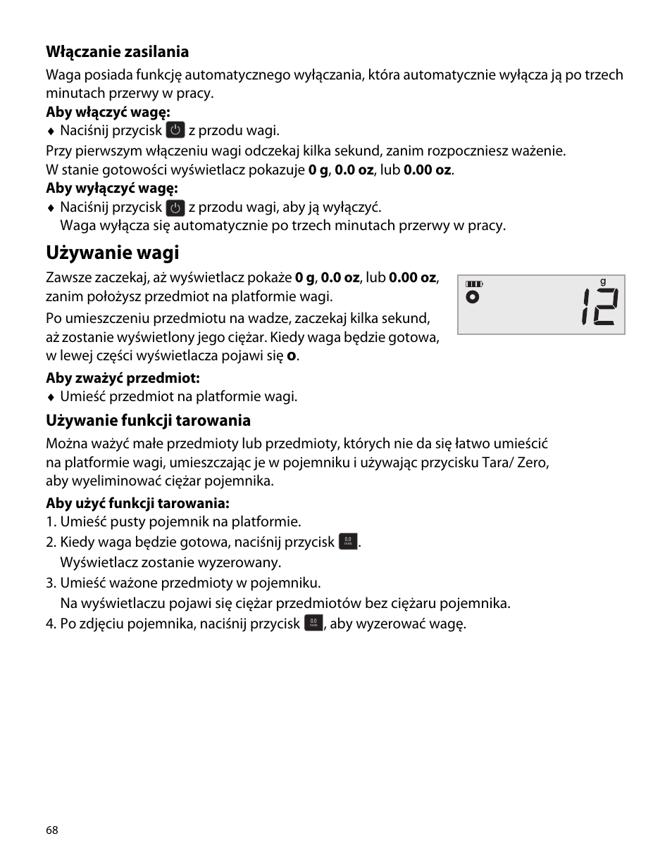 Włączanie zasilania, Używanie wagi, Używanie funkcji tarowania | Dymo M5 User Manual | Page 72 / 102