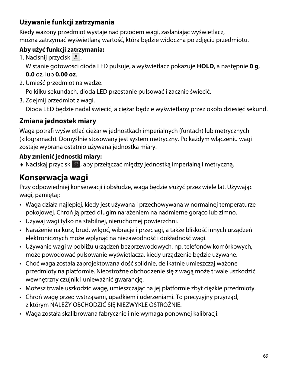 Używanie funkcji zatrzymania, Zmiana jednostek miary, Konserwacja wagi | Dymo M5 User Manual | Page 73 / 102