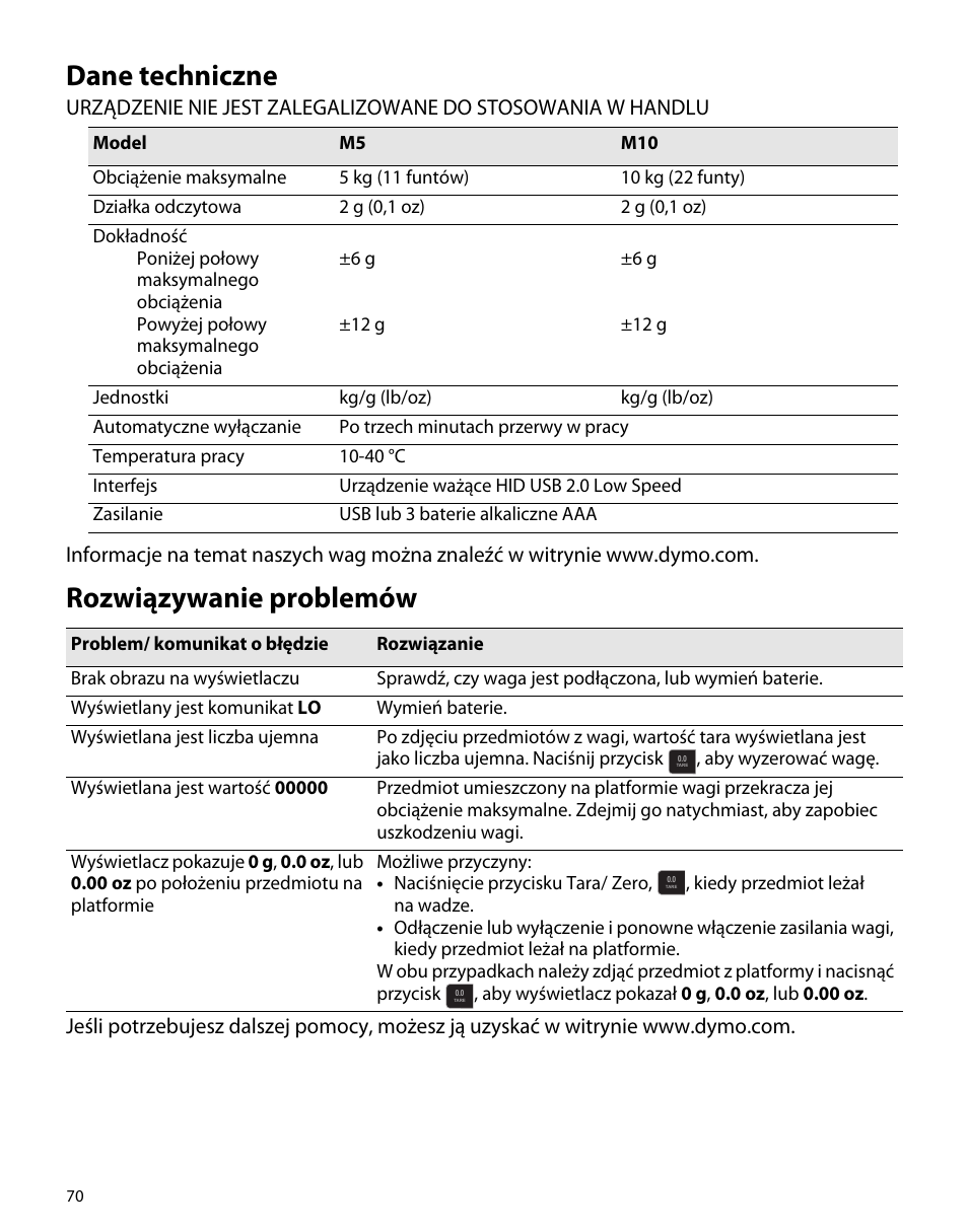 Dane techniczne, Rozwiązywanie problemów | Dymo M5 User Manual | Page 74 / 102