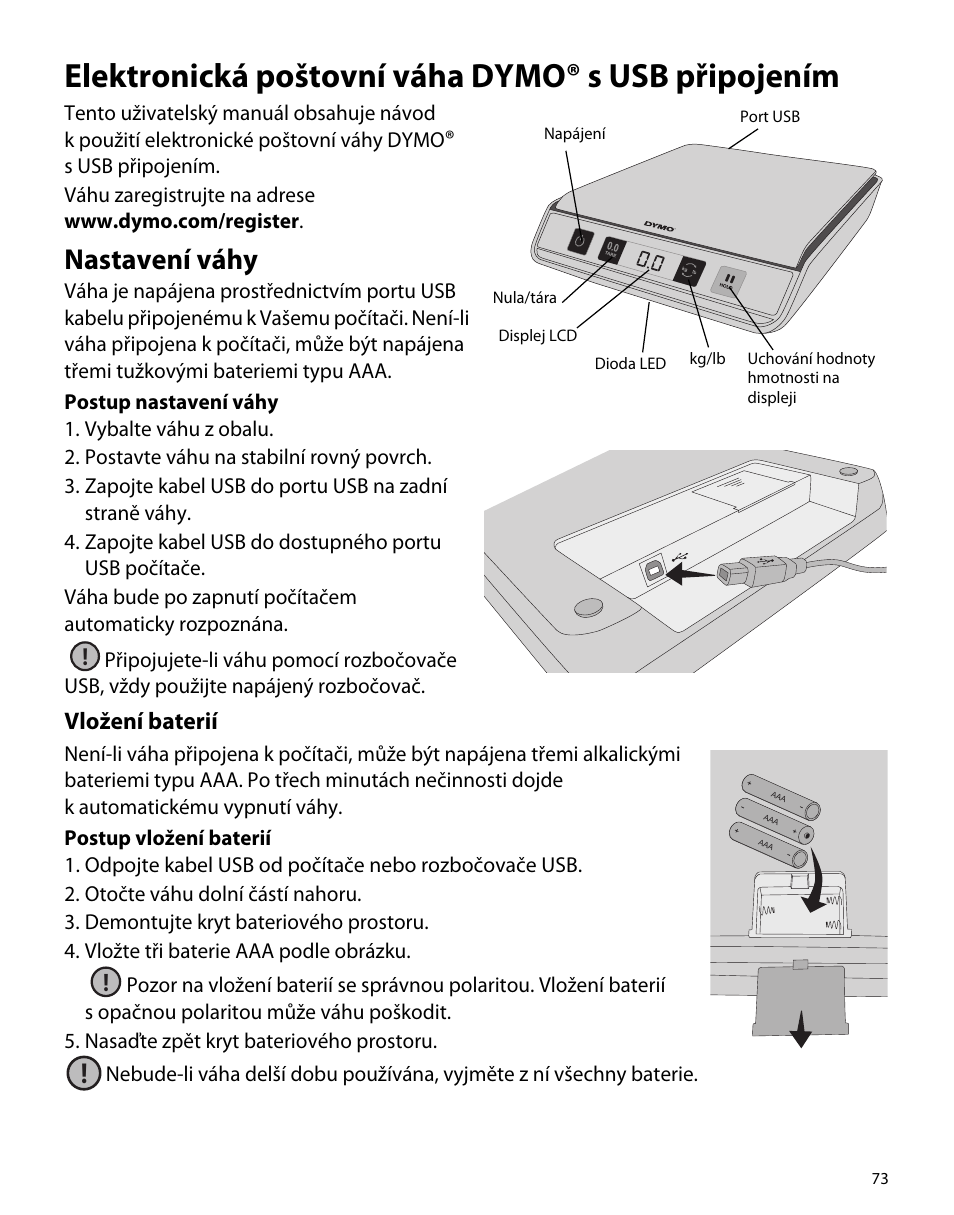 Elektronická poštovní váha dymo® s usb připojením, Nastavení váhy, Vložení baterií | Dymo M5 User Manual | Page 77 / 102