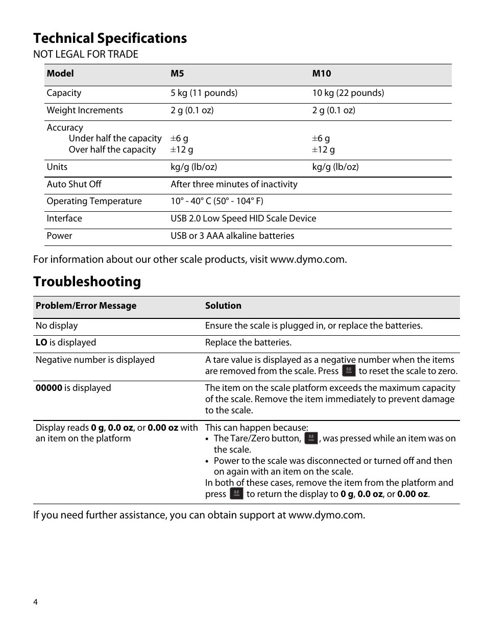 Technical specifications, Troubleshooting | Dymo M5 User Manual | Page 8 / 102