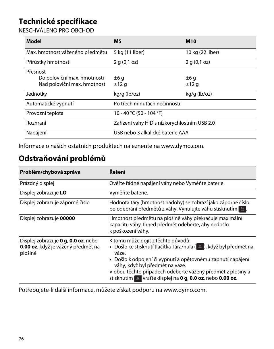 Technické specifikace, Odstraňování problémů | Dymo M5 User Manual | Page 80 / 102