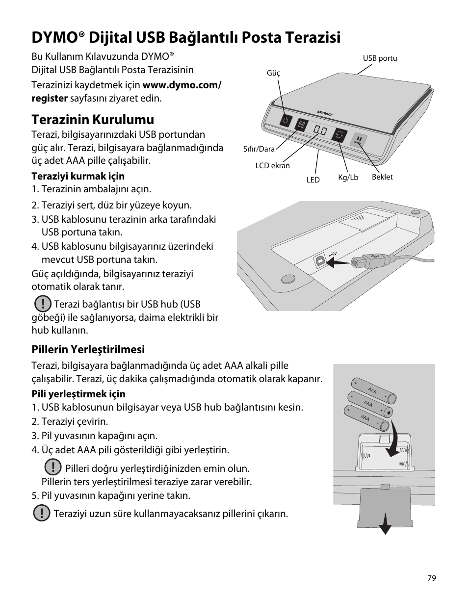 Dymo® dijital usb bağlantılı posta terazisi, Terazinin kurulumu, Pillerin yerleştirilmesi | Dymo M5 User Manual | Page 83 / 102