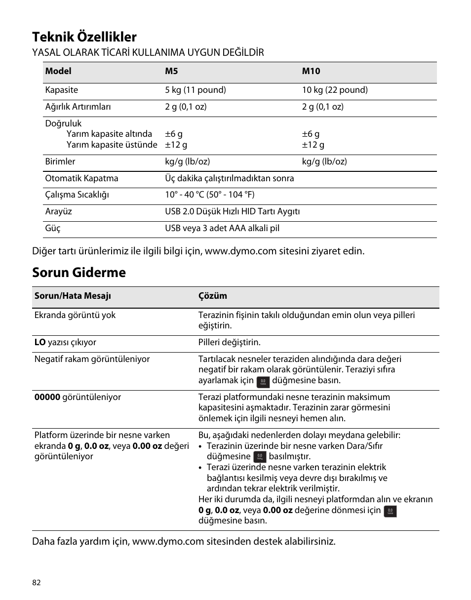 Teknik özellikler, Sorun giderme | Dymo M5 User Manual | Page 86 / 102