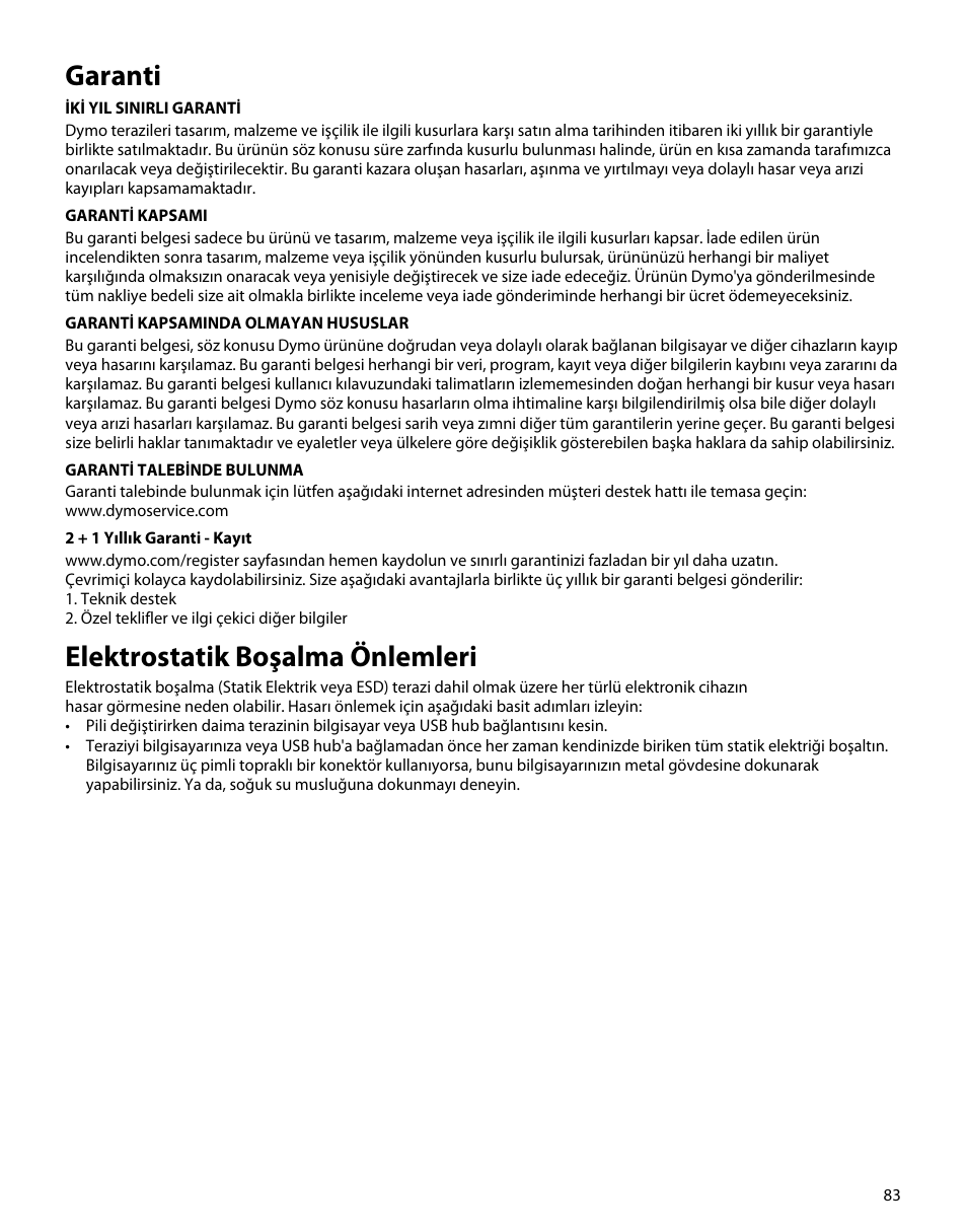 Garanti, Elektrostatik boşalma önlemleri | Dymo M5 User Manual | Page 87 / 102