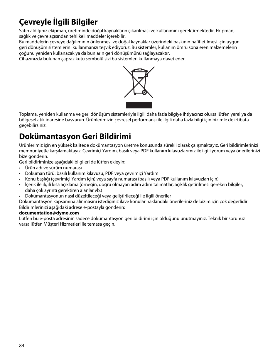 Çevreyle ilgili bilgiler, Dokümantasyon geri bildirimi | Dymo M5 User Manual | Page 88 / 102