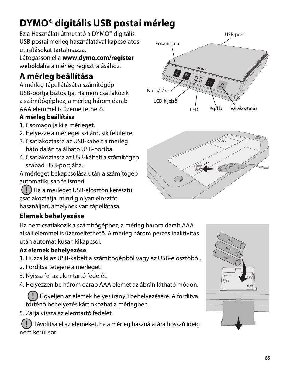 Dymo® digitális usb postai mérleg, A mérleg beállítása, Elemek behelyezése | Dymo M5 User Manual | Page 89 / 102