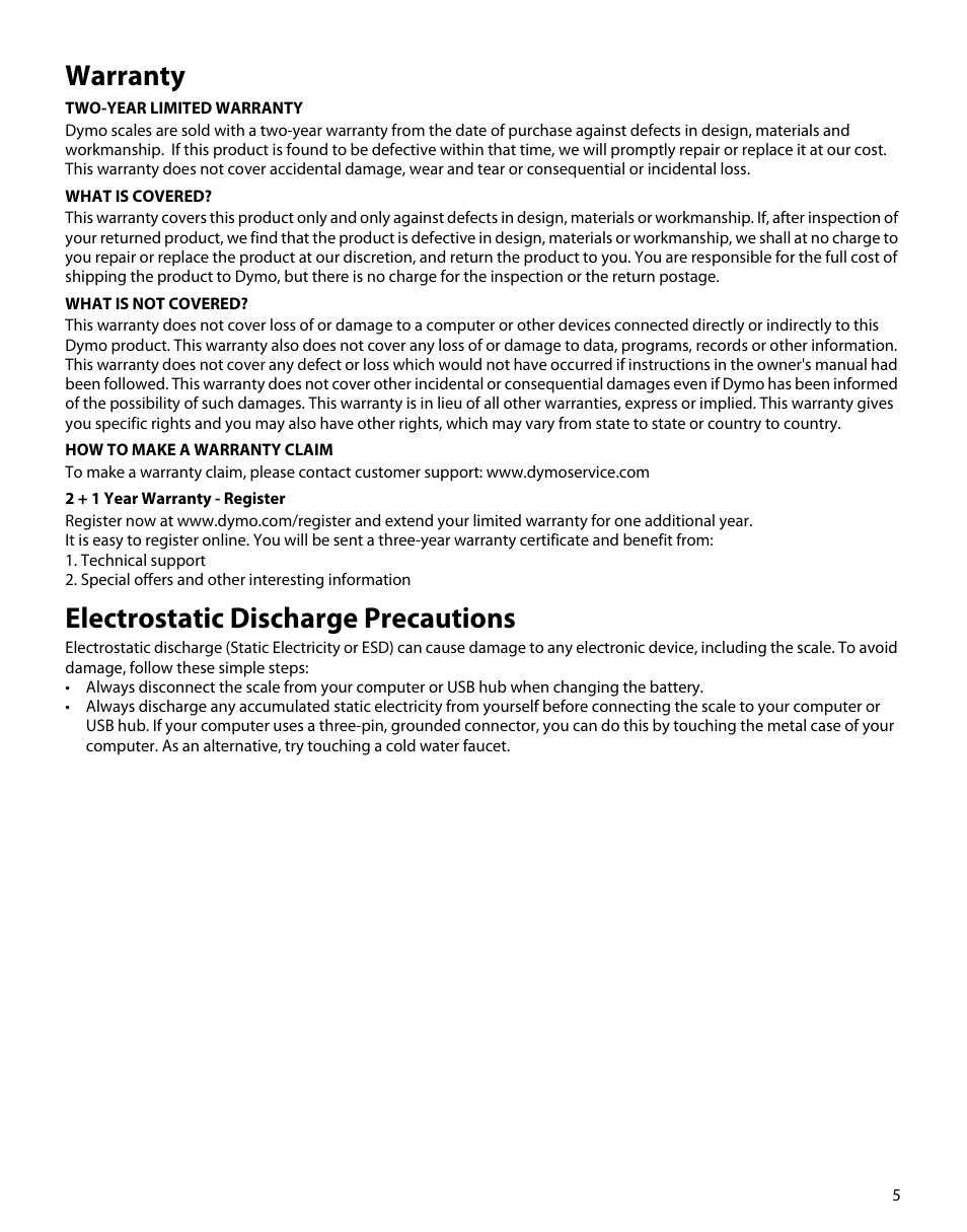 Warranty, Electrostatic discharge precautions | Dymo M5 User Manual | Page 9 / 102