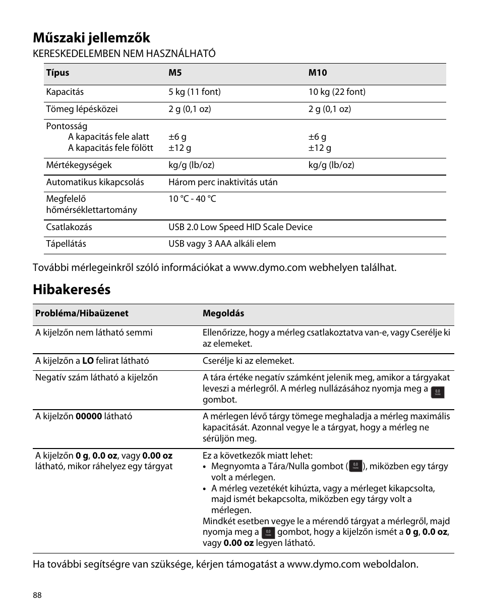 Műszaki jellemzők, Hibakeresés | Dymo M5 User Manual | Page 92 / 102