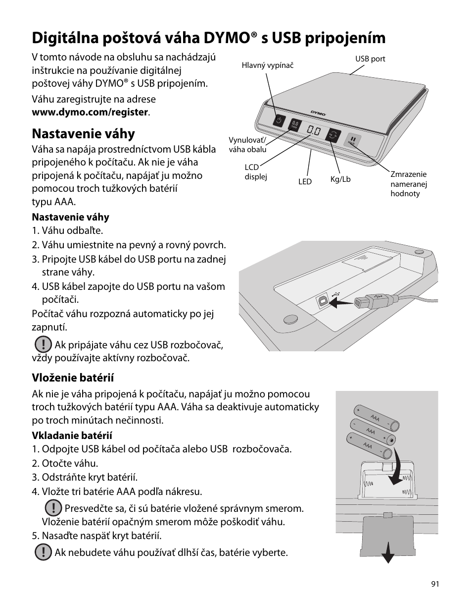 Digitálna poštová váha dymo® s usb pripojením, Nastavenie váhy, Vloženie batérií | Dymo M5 User Manual | Page 95 / 102