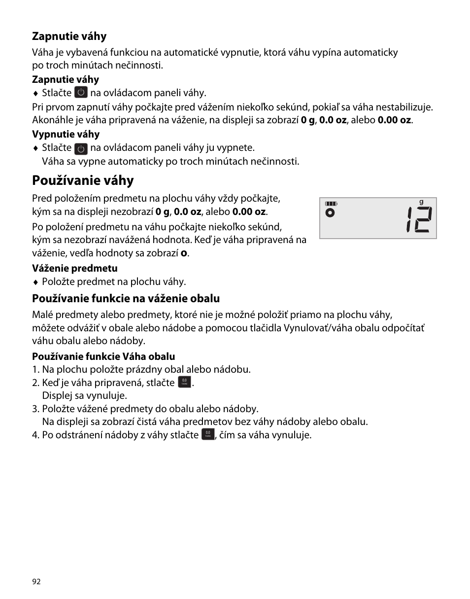 Zapnutie váhy, Používanie váhy, Používanie funkcie na váženie obalu | Dymo M5 User Manual | Page 96 / 102