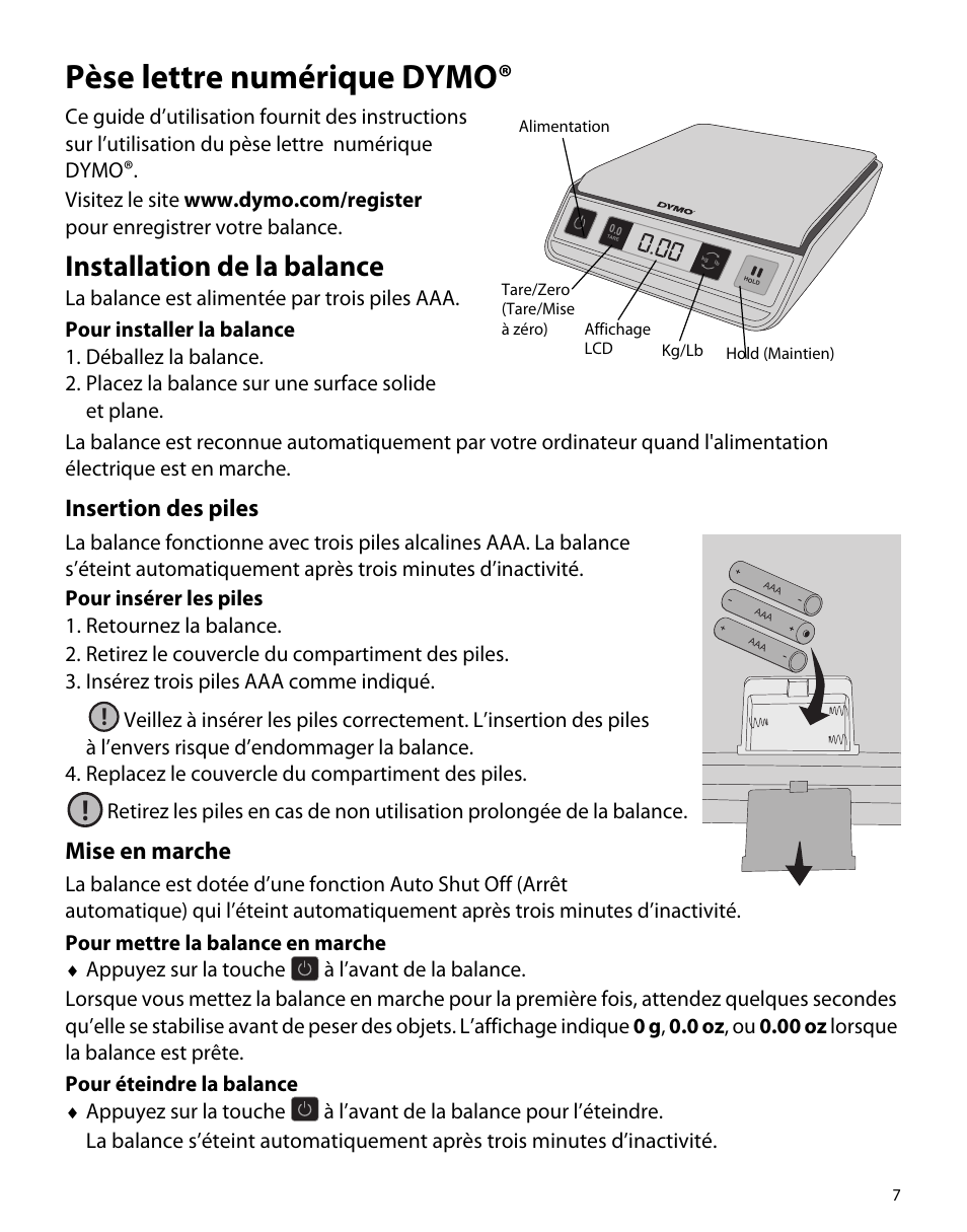 Pèse lettre numérique dymo, Installation de la balance, Insertion des piles | Mise en marche | Dymo M1 User Manual | Page 11 / 102