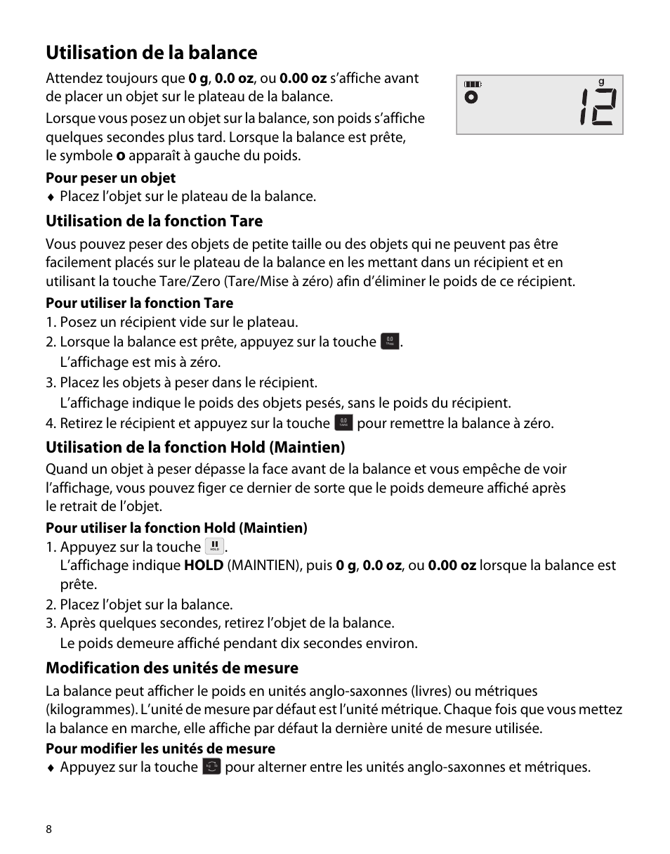 Utilisation de la balance, Utilisation de la fonction tare, Utilisation de la fonction hold (maintien) | Modification des unités de mesure | Dymo M1 User Manual | Page 12 / 102