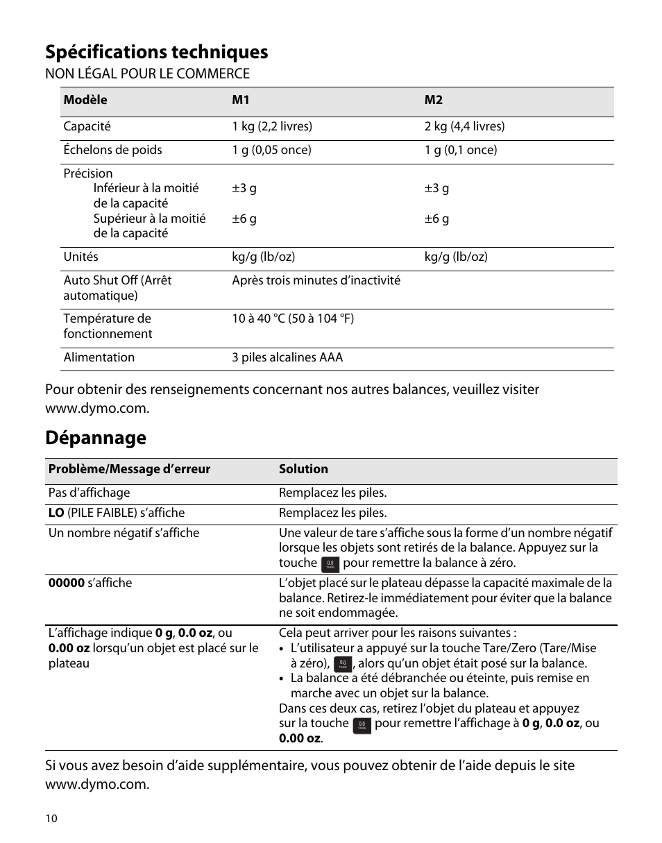 Spécifications techniques, Dépannage | Dymo M1 User Manual | Page 14 / 102