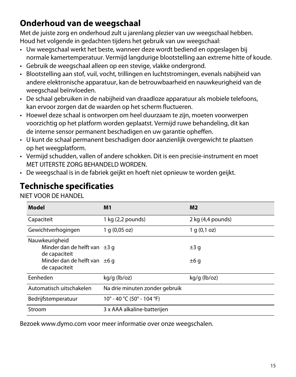 Onderhoud van de weegschaal, Technische specificaties | Dymo M1 User Manual | Page 19 / 102