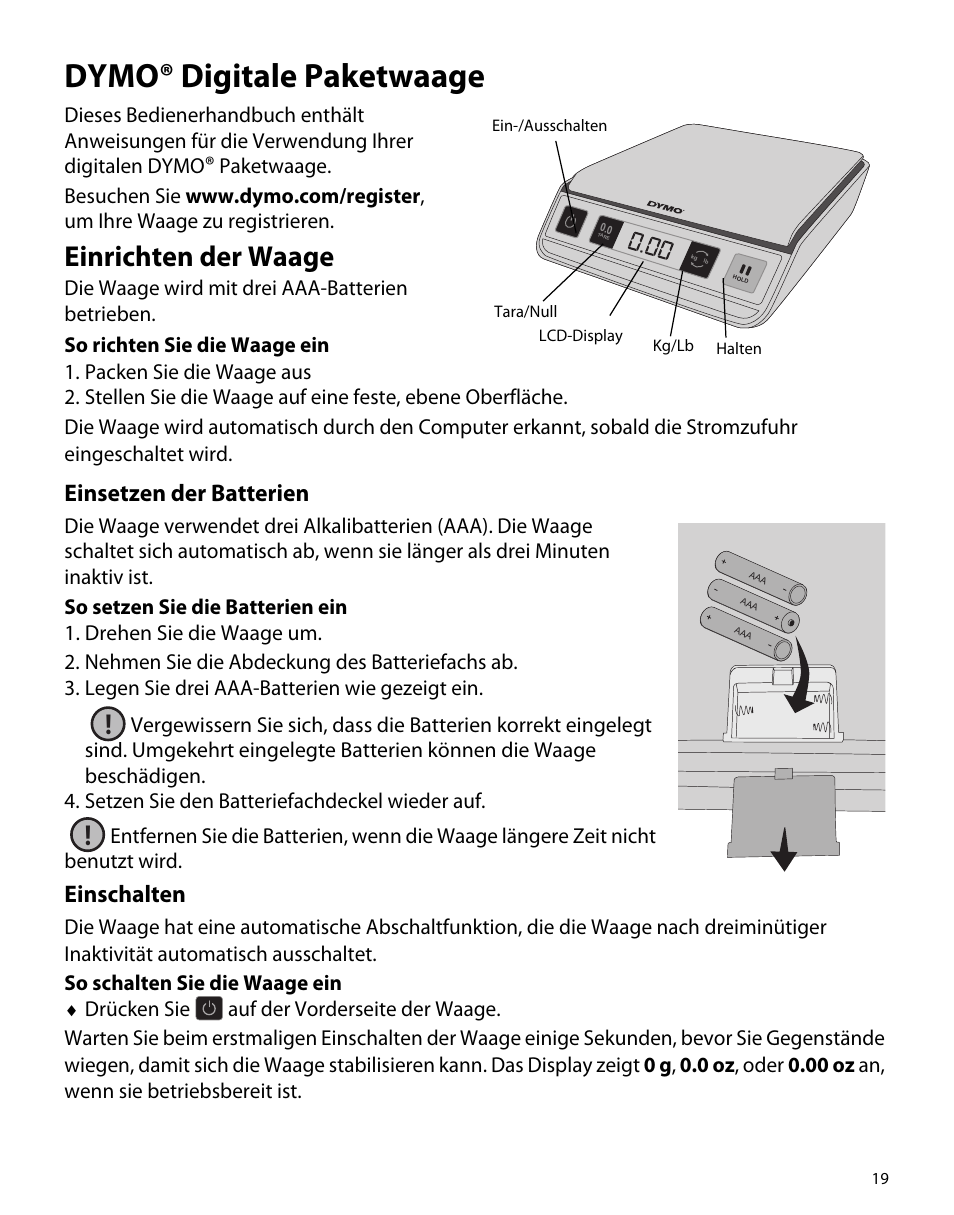 Dymo® digitale paketwaage, Einrichten der waage, Einsetzen der batterien | Einschalten | Dymo M1 User Manual | Page 23 / 102