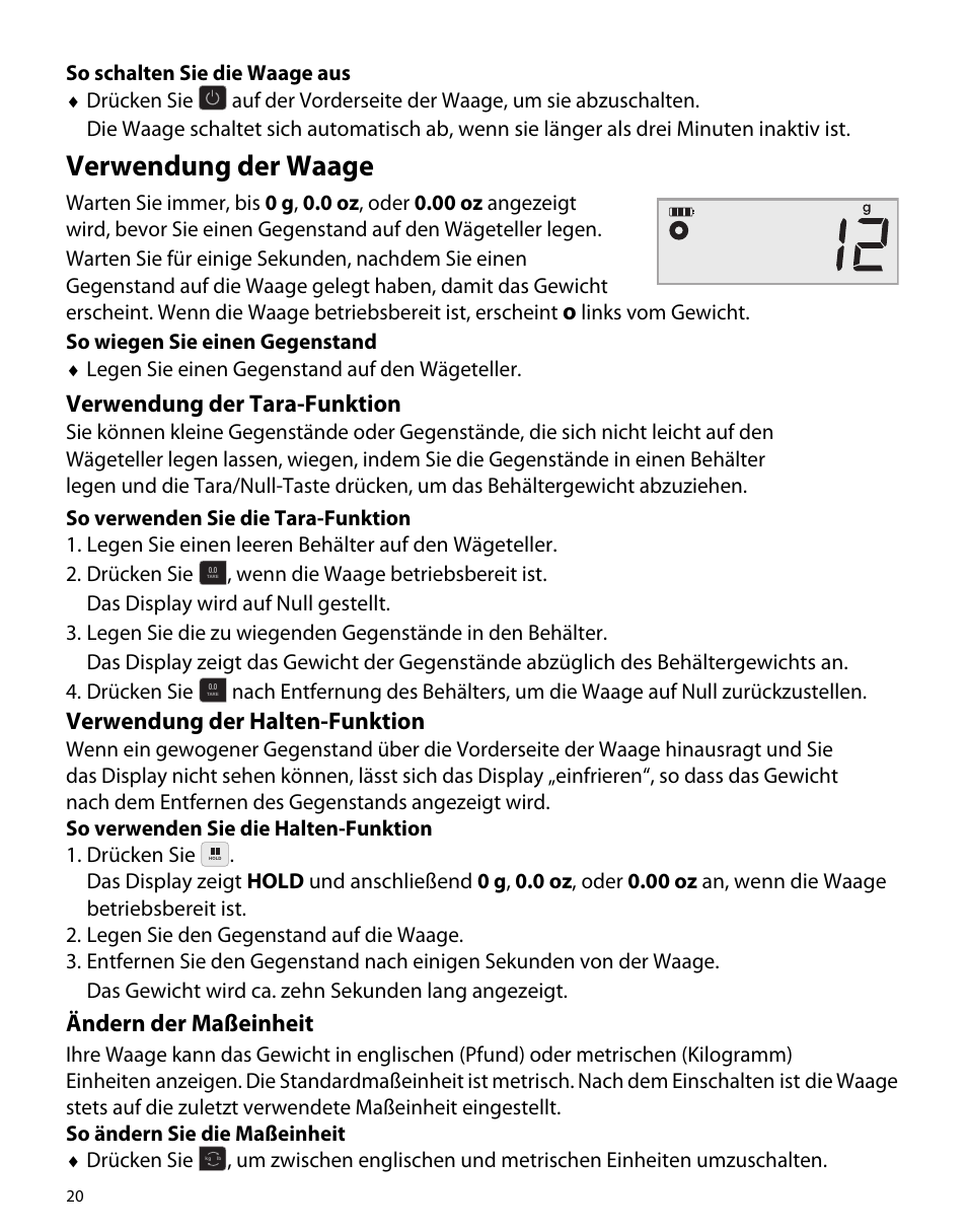 Verwendung der waage, Verwendung der tara-funktion, Verwendung der halten-funktion | Ändern der maßeinheit | Dymo M1 User Manual | Page 24 / 102