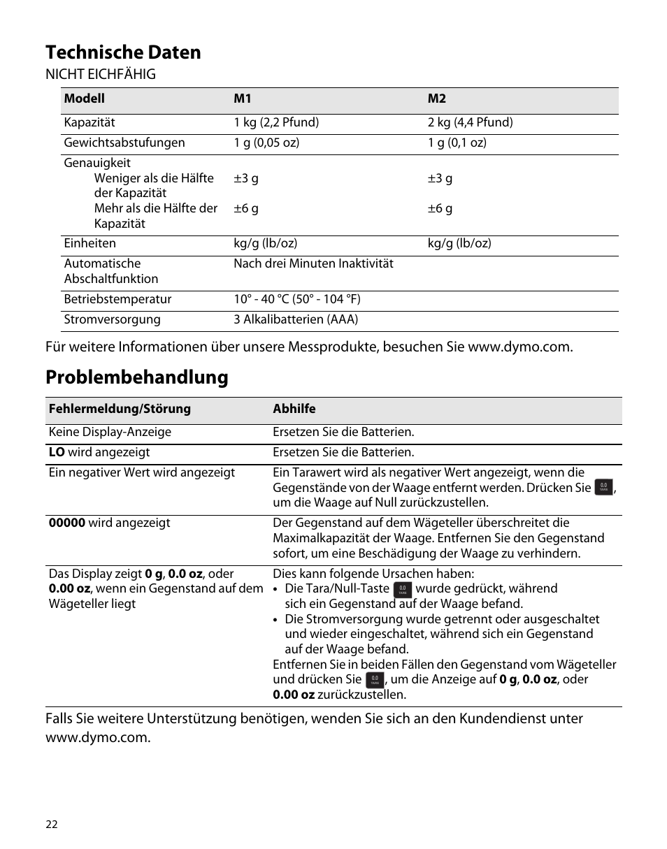 Technische daten, Problembehandlung | Dymo M1 User Manual | Page 26 / 102