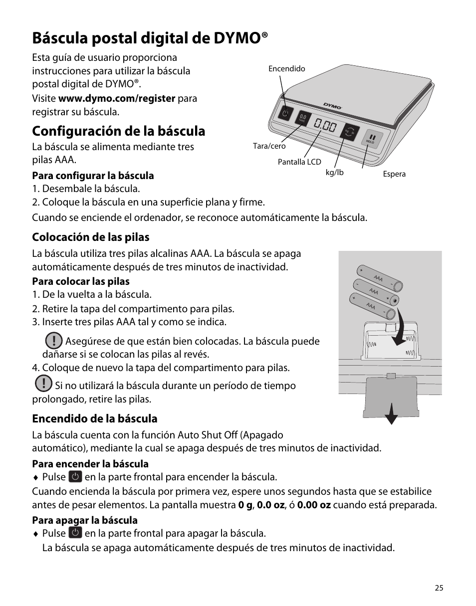 Báscula postal digital de dymo, Configuración de la báscula, Colocación de las pilas | Encendido de la báscula | Dymo M1 User Manual | Page 29 / 102