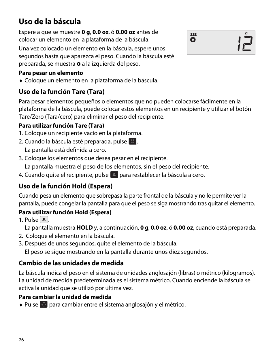 Uso de la báscula, Uso de la función tare (tara), Uso de la función hold (espera) | Cambio de las unidades de medida | Dymo M1 User Manual | Page 30 / 102