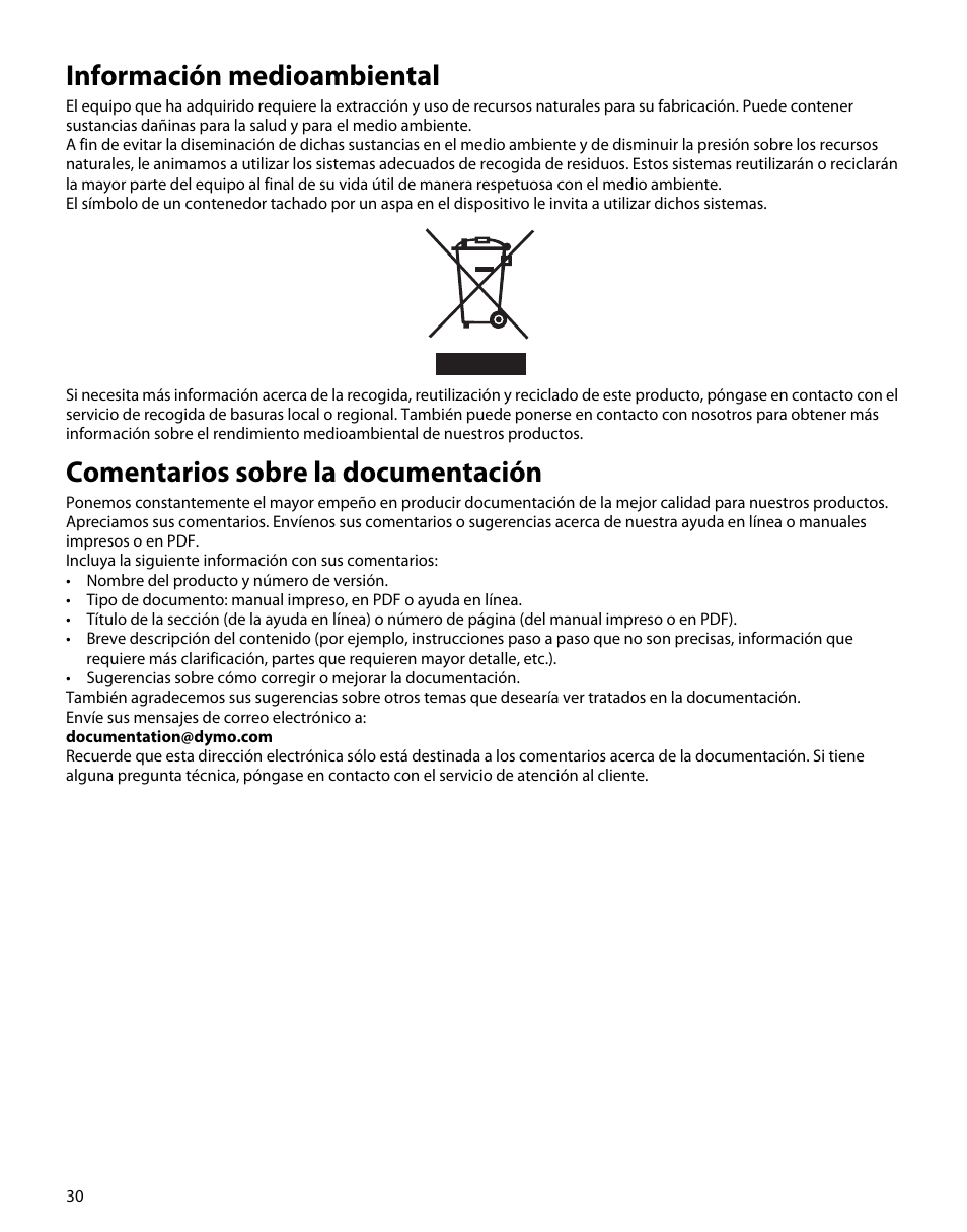 Información medioambiental, Comentarios sobre la documentación | Dymo M1 User Manual | Page 34 / 102