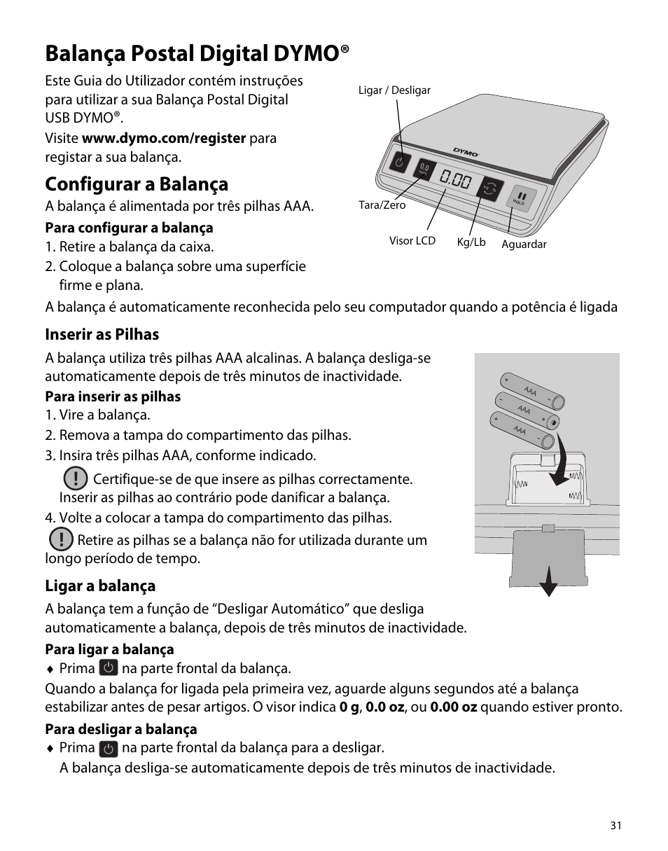 Balança postal digital dymo, Configurar a balança, Inserir as pilhas | Ligar a balança | Dymo M1 User Manual | Page 35 / 102