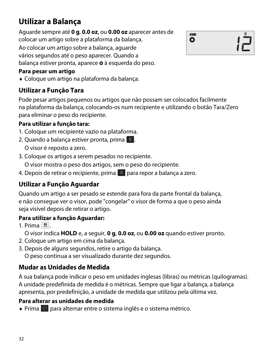 Utilizar a balança, Utilizar a função tara, Utilizar a função aguardar | Mudar as unidades de medida | Dymo M1 User Manual | Page 36 / 102