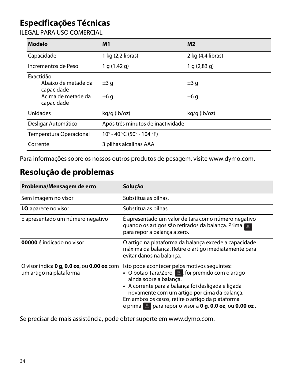 Especificações técnicas, Resolução de problemas | Dymo M1 User Manual | Page 38 / 102