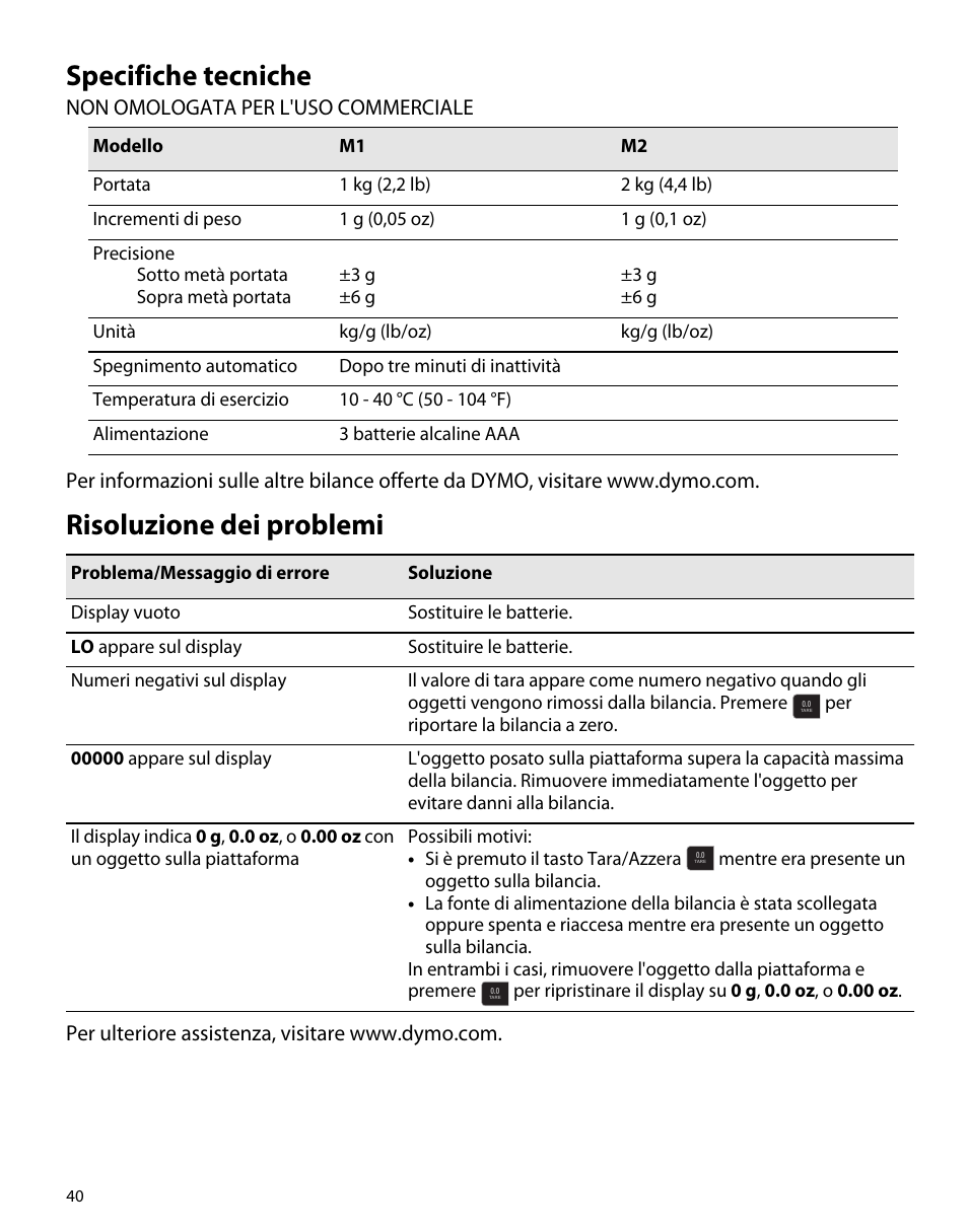 Specifiche tecniche, Risoluzione dei problemi | Dymo M1 User Manual | Page 44 / 102