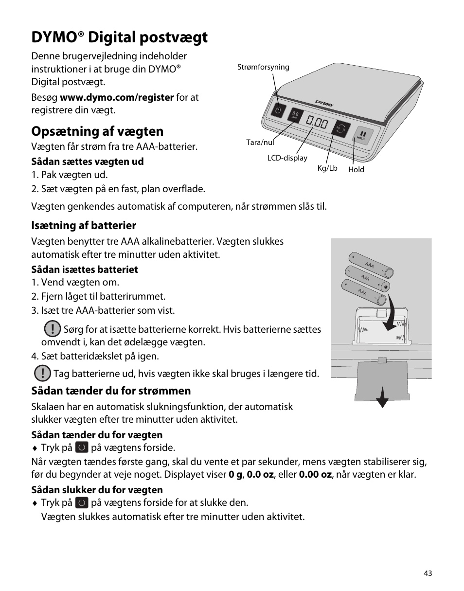 Dymo® digital postvægt, Opsætning af vægten, Isætning af batterier | Sådan tænder du for strømmen | Dymo M1 User Manual | Page 47 / 102