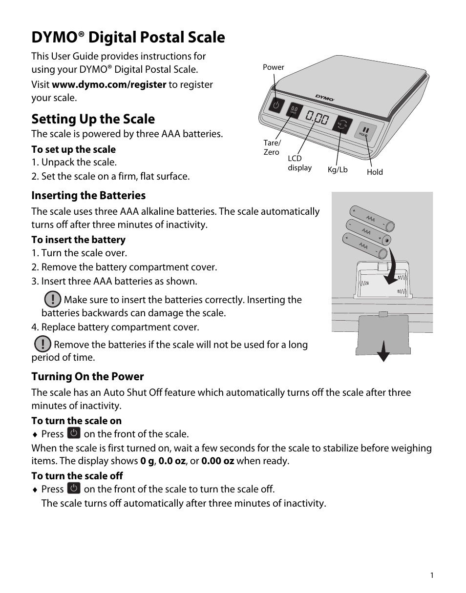 Dymo® digital postal scale, Setting up the scale, Inserting the batteries | Turning on the power | Dymo M1 User Manual | Page 5 / 102