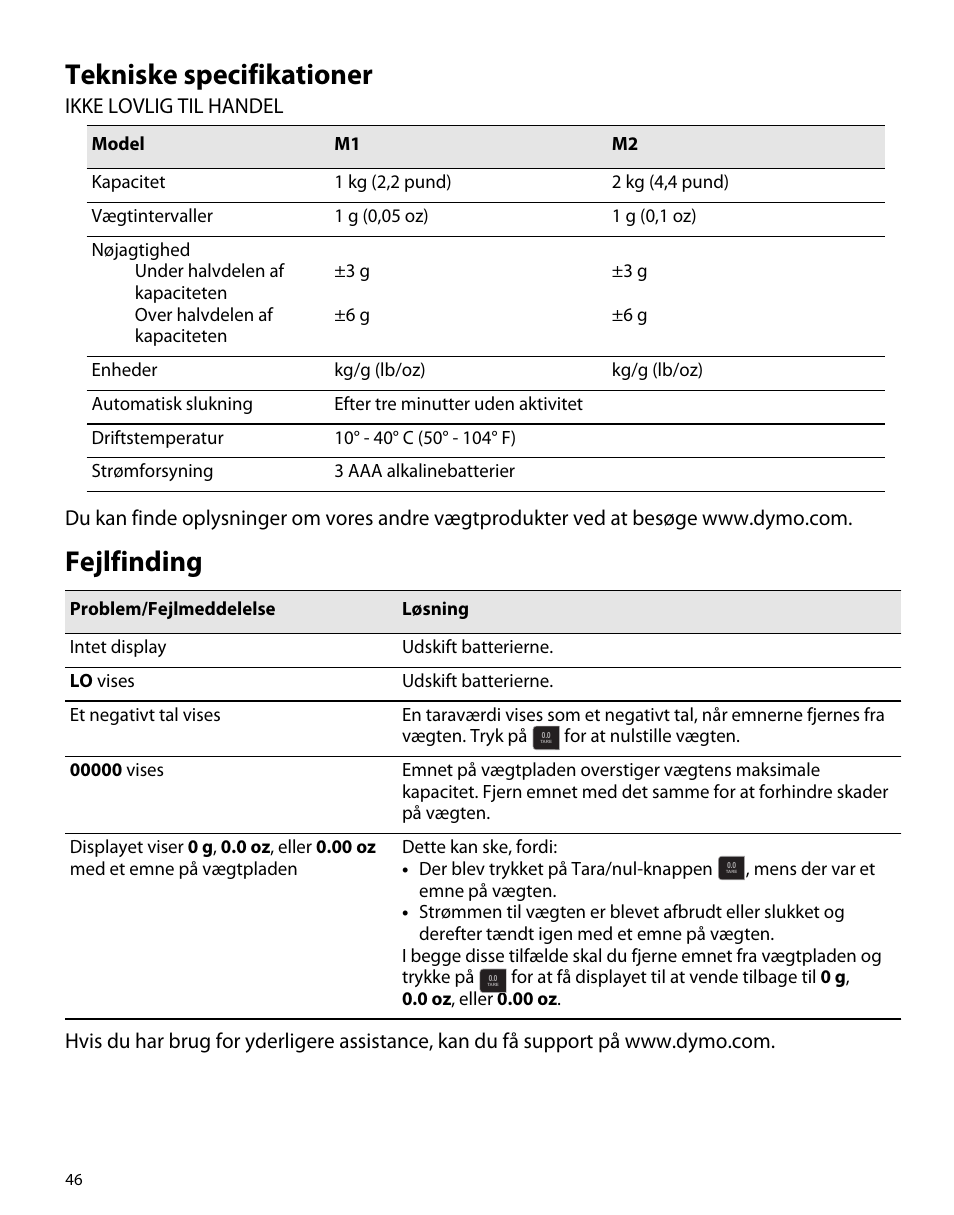 Tekniske specifikationer, Fejlfinding | Dymo M1 User Manual | Page 50 / 102