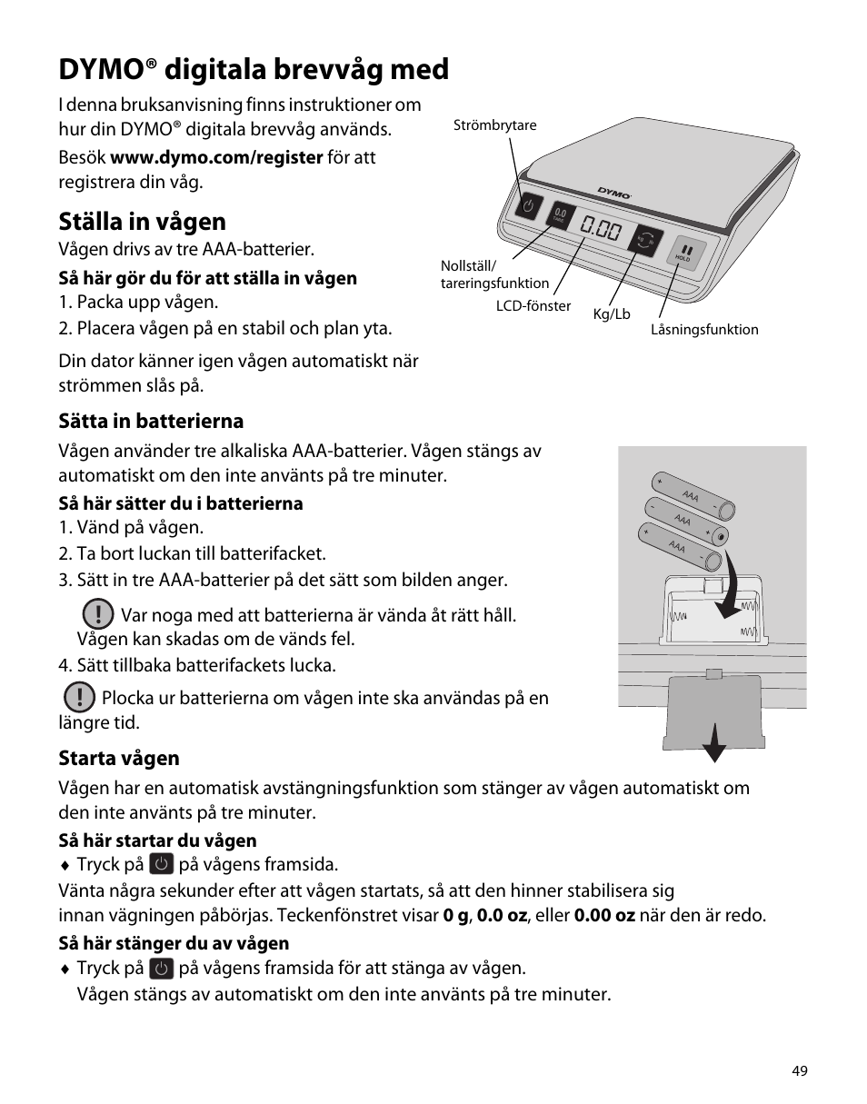 Dymo® digitala brevvåg med, Ställa in vågen, Sätta in batterierna | Starta vågen | Dymo M1 User Manual | Page 53 / 102