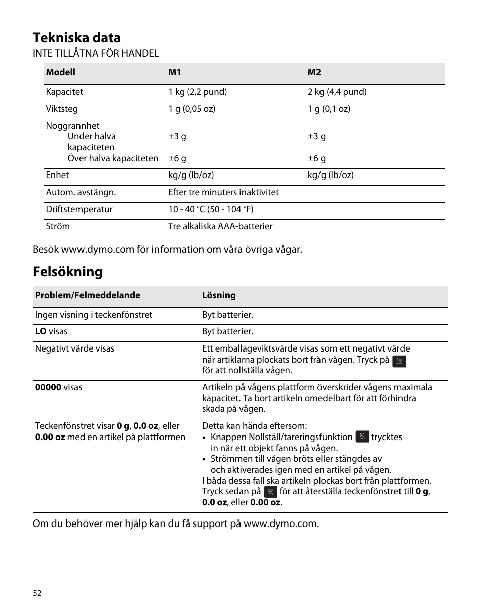 Tekniska data, Felsökning | Dymo M1 User Manual | Page 56 / 102