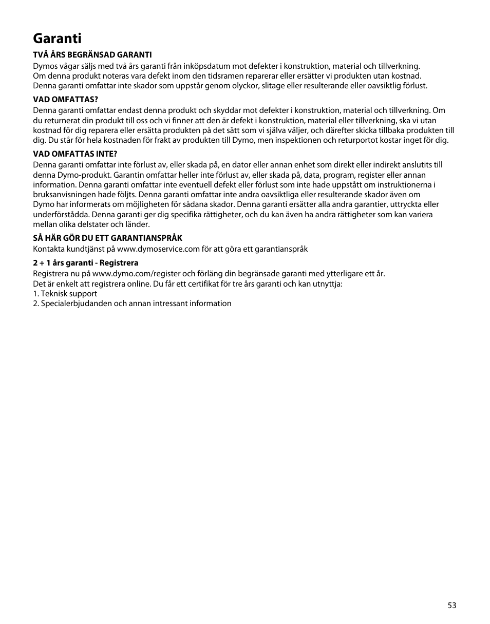Garanti | Dymo M1 User Manual | Page 57 / 102