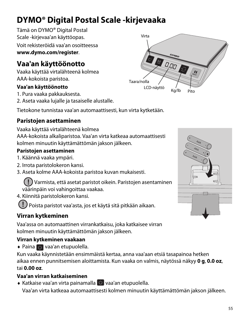 Dymo® digital postal scale -kirjevaaka, Vaa'an käyttöönotto, Paristojen asettaminen | Virran kytkeminen, Tämä on dymo | Dymo M1 User Manual | Page 59 / 102