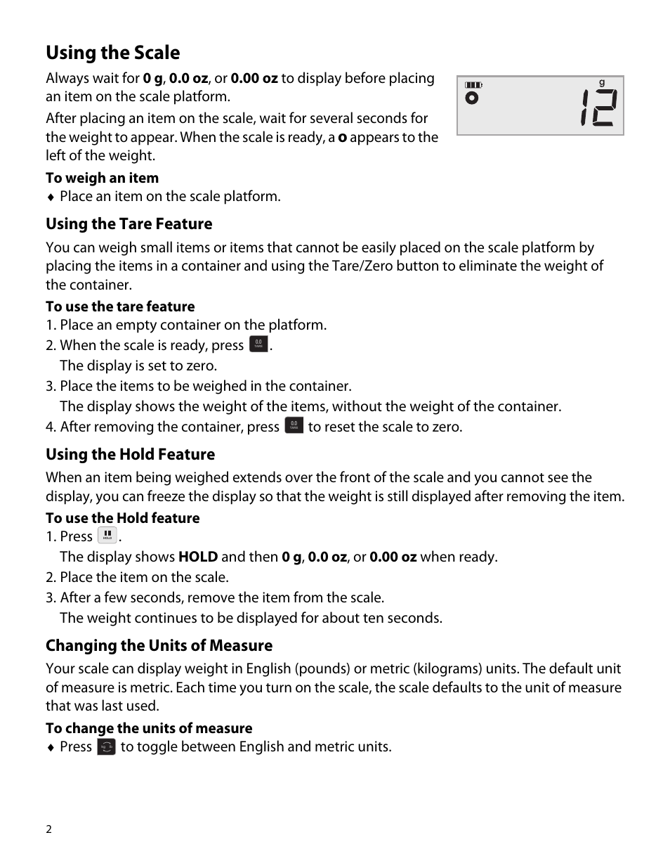 Using the scale, Using the tare feature, Using the hold feature | Changing the units of measure | Dymo M1 User Manual | Page 6 / 102