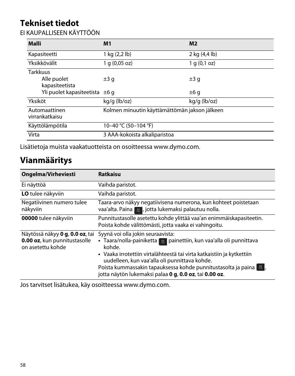 Tekniset tiedot, Vianmääritys | Dymo M1 User Manual | Page 62 / 102