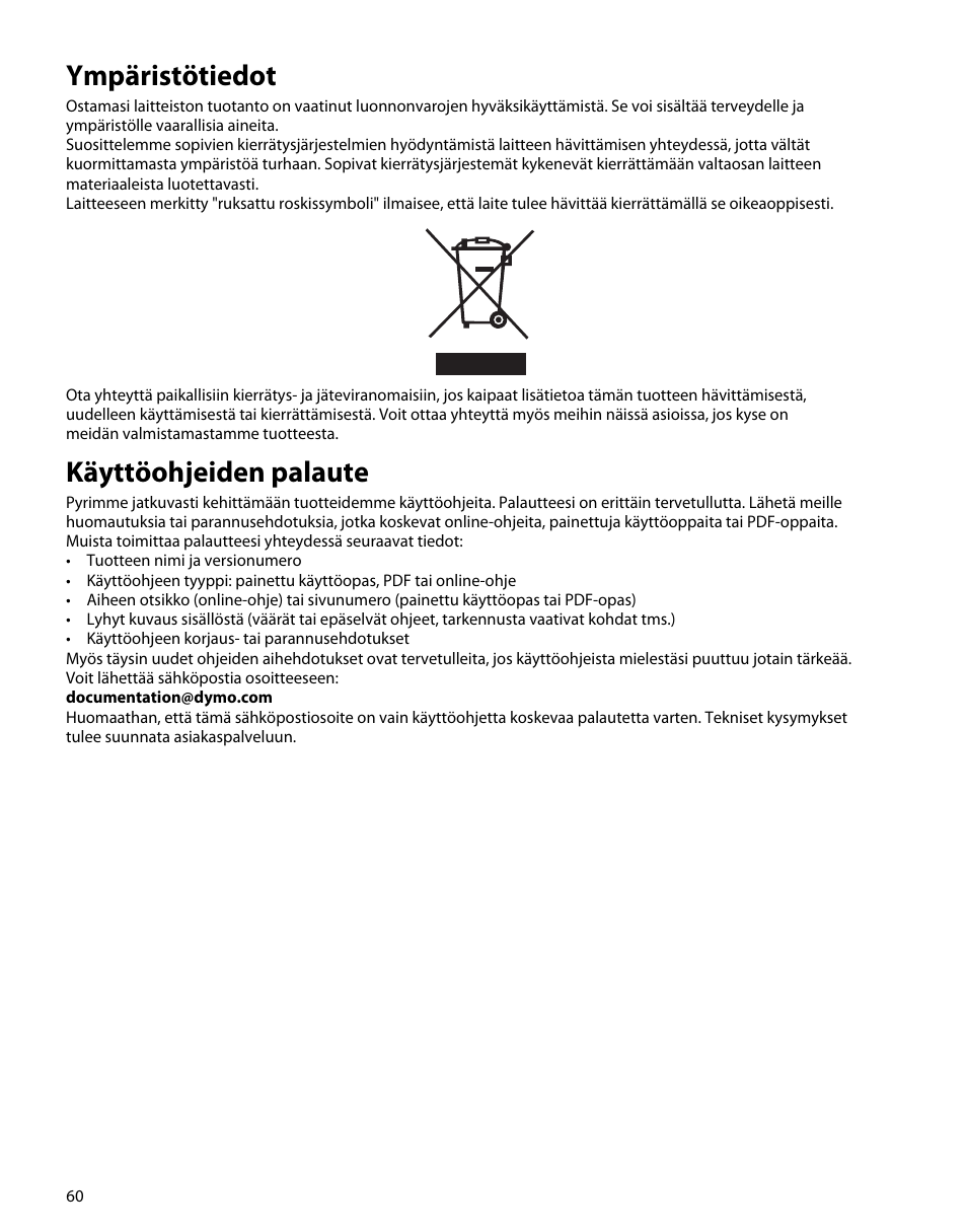 Ympäristötiedot, Käyttöohjeiden palaute | Dymo M1 User Manual | Page 64 / 102